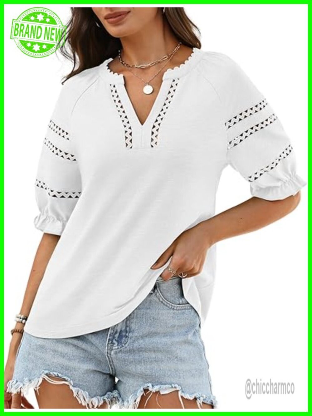 Puff Sleeve Boho Blouse V Neck Short Sleeve Lace Trim Cotton Shirt